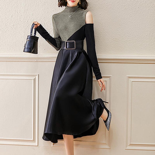 Chic color block mock neck long sleeve knitting tops and high waist a-line skirts suits