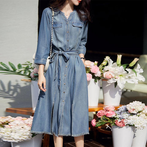 Vintage denim v-neck long sleeve belted skater dresses