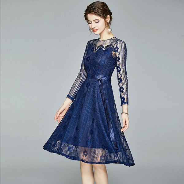 Blue patchwork lace big hem skater dresses
