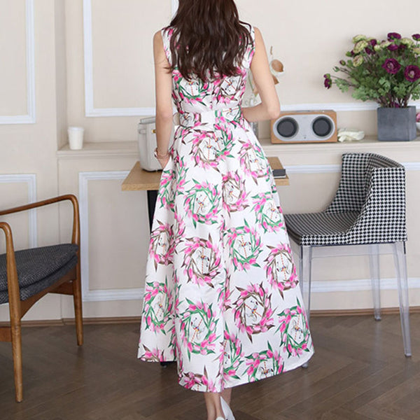 Print sleeveless belted a-line dresses