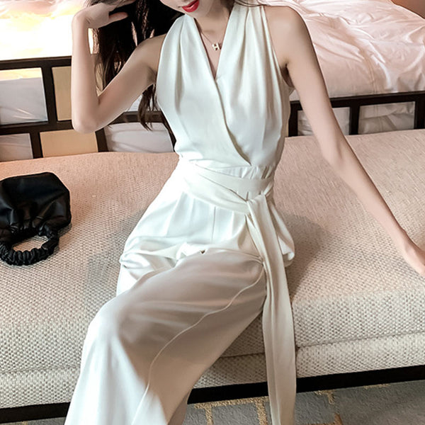 Solid v-neck sleeveless wrap wide leg jumpsuits