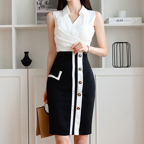 V-neck sleeveless top color blocked pencil skirt suits