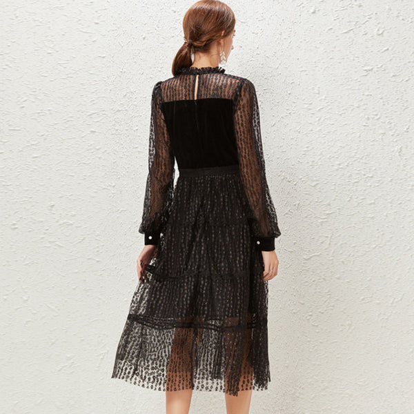 Black mesh patchwork embroidered midi dresses