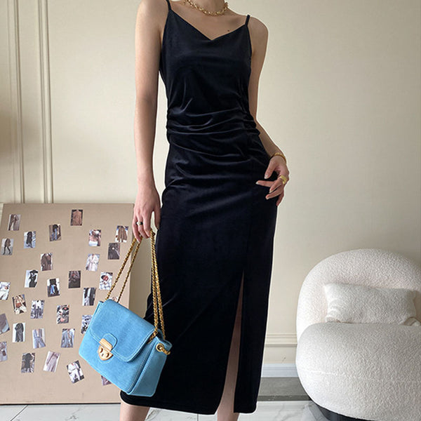 Elegant velvet v-neck shirred splitted strap dresses