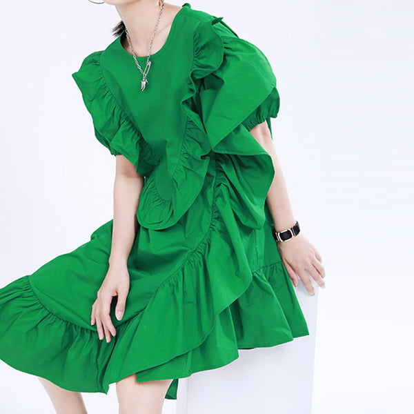 Puff sleeve lettuce ruffle shift dresses