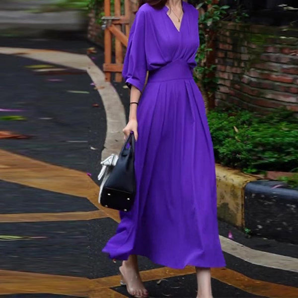 Elegant pure color v-neck party dresses