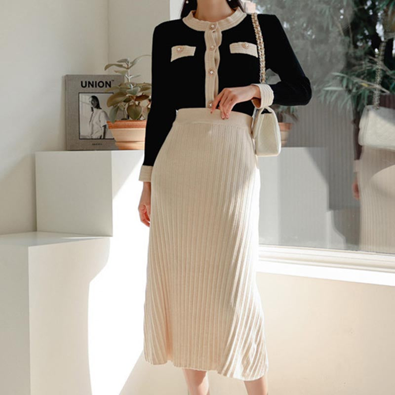 Color block knitted a line skirt suits
