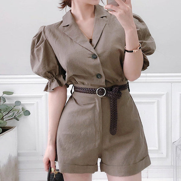 Solid lapel puff sleeve rompers