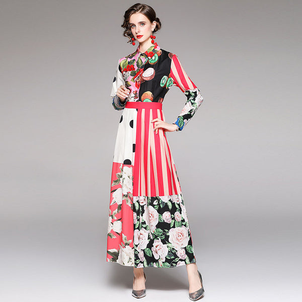 Elegant turn-down collar floral long dresses