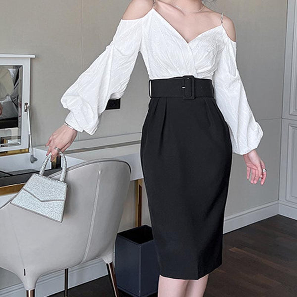 Chic off the shoulder v-neck belted bodycon dresses