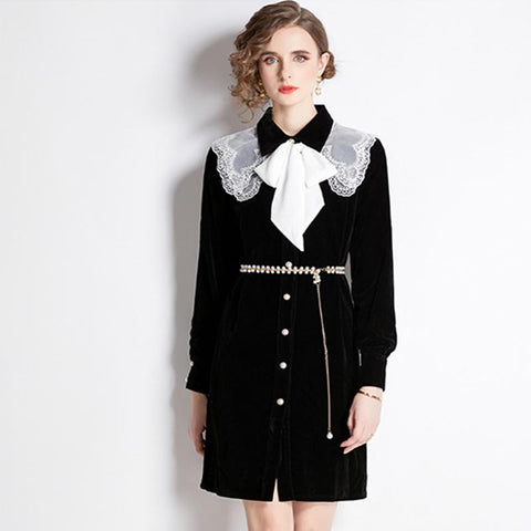 Chic patch lapel long sleeve beads belts velvet skater dresses