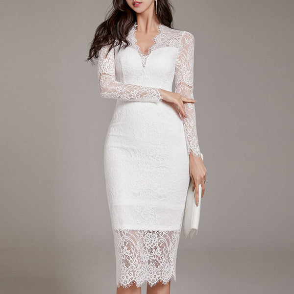 V-neck lace solid sheath dresses