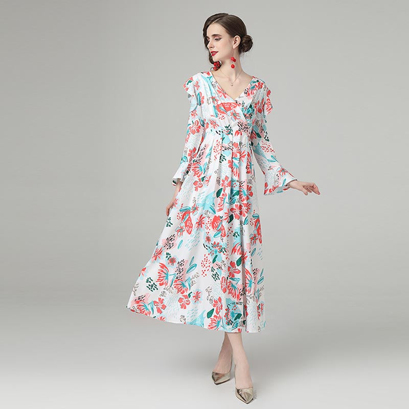 Elegant print v-neck long sleeve skater maxi dresses