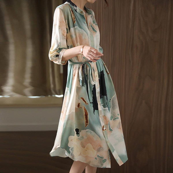 Elegant dye lapel three quarters sleeve shirt dresses