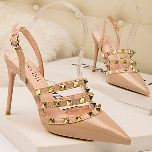 Pointed toe rivet slingback high heels