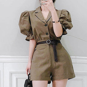 Solid lapel puff sleeve rompers
