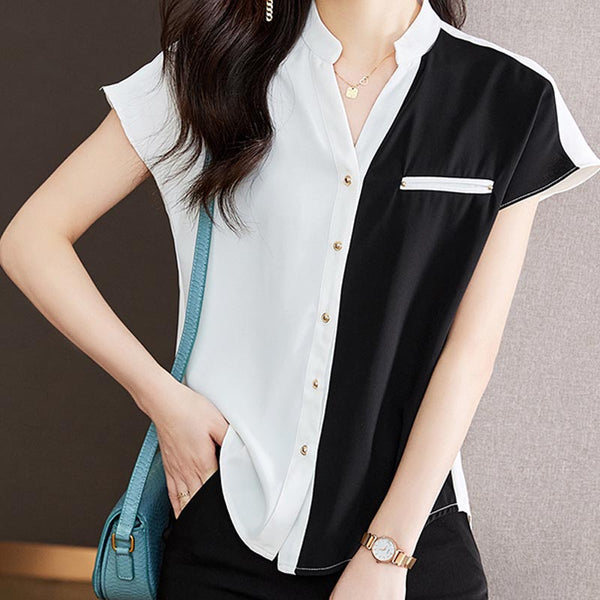 Color contrast short sleeve v-neck chiffon blouses