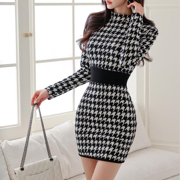 Brief houndstooth mock neck long sleeve bodycon dresses