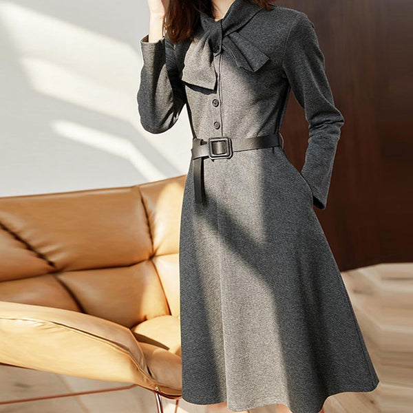 Vintage solid tie neck long sleeve skater dresses