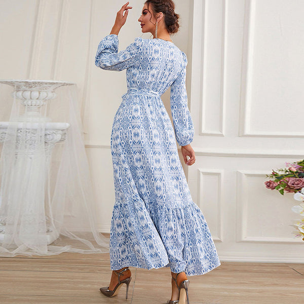 Blue printed crew neck long sleeve belted maxi dresses