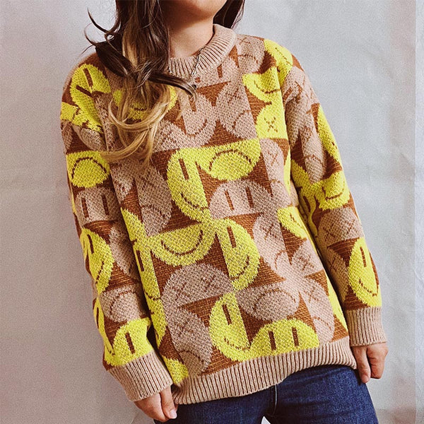 Casual emoji patch o-neck long sleeve pullover sweaters