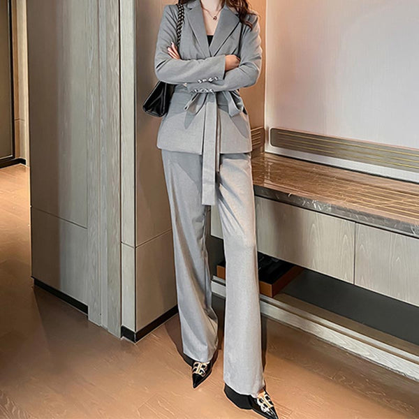 Casual solid lapel belted blazers and straight pants suits