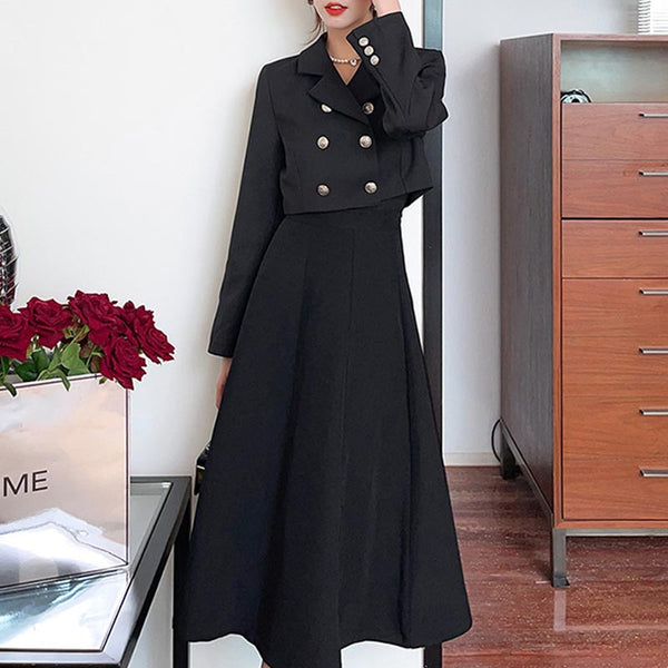 Solid lapel long sleeve short blazers and high wasit a-line skirts suits