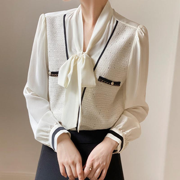 Bowtie neck long sleeve silk blouse