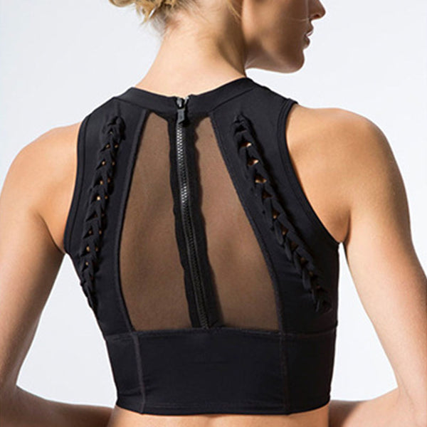 Mesh patchwork back braid zipped sports bras