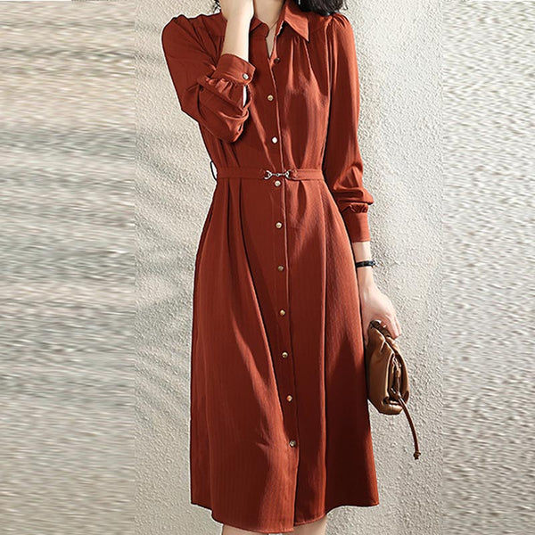 Casual lapel long sleeve belted shirt dresses