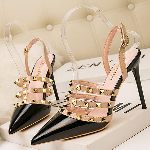 Pointed toe rivet slingback high heels