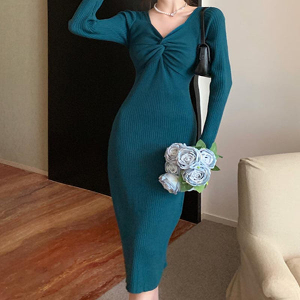 Casual solid v-neck long sleeve bodycon knitting dresses