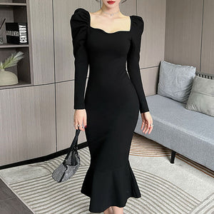 Fashion square neck black peplum dresses