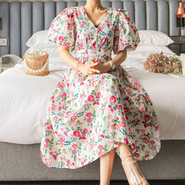 Puff sleeve floral cinched waist a-line dresses