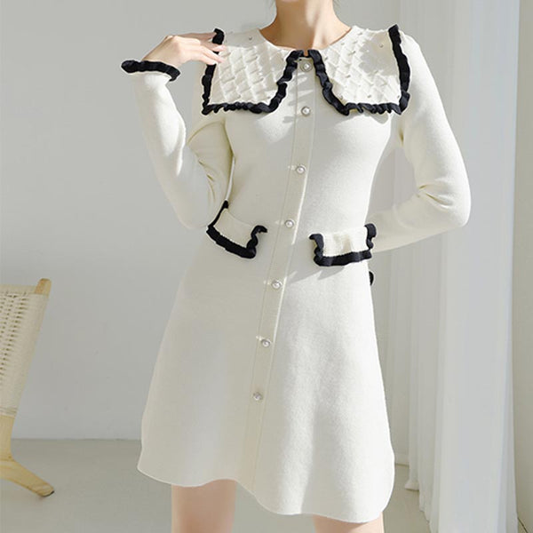 Sweet peter pan collar long sleeve mini knitting dresses