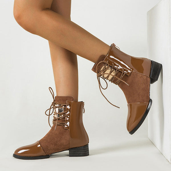 Round toe patch chunky heels lacing martin boots
