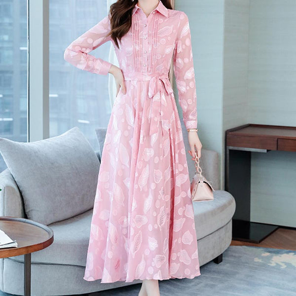 Elegant jacquard lapel long sleeve belted maxi dresses