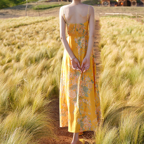 Vintage yellow print openwork slip dresses
