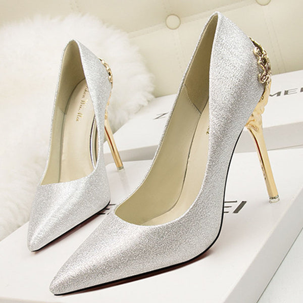 Suede metal openwork stiletto heels