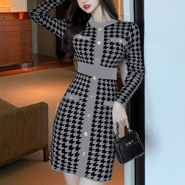 Houndstooth color knitted mini dresses