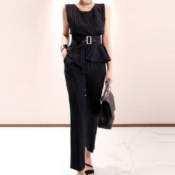 Sleeveless striped top skinny pant suits with belt