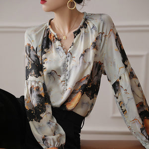 Long sleeve print silk blouse