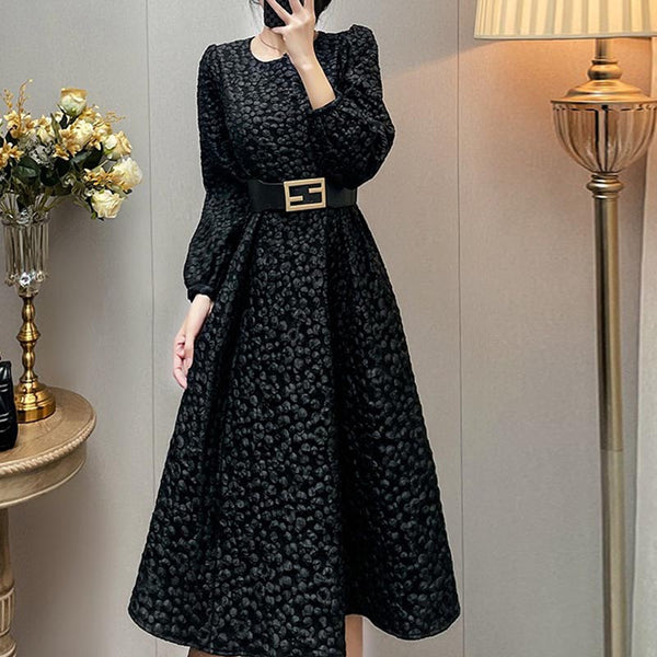 Brief jacquard crew neck long sleeve skater dresses