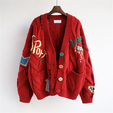 Loose embroidery long sleeve button down knitting cardigans