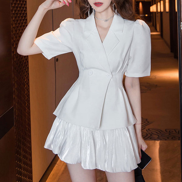 Chic lapel short sleeve blazers and pleated skirts suits