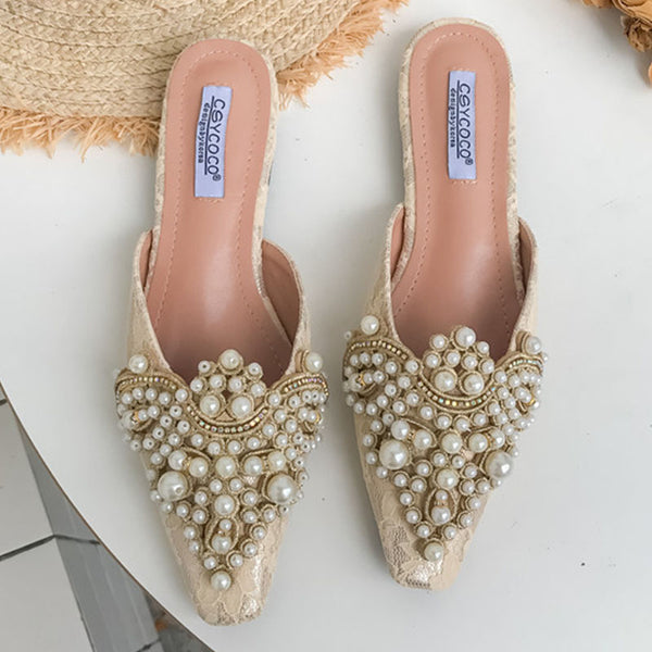 Rhinestone pearl lace slippers