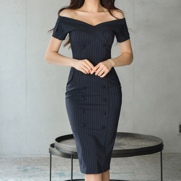 Navy blue off-the-shoulder striped bodycon dresses