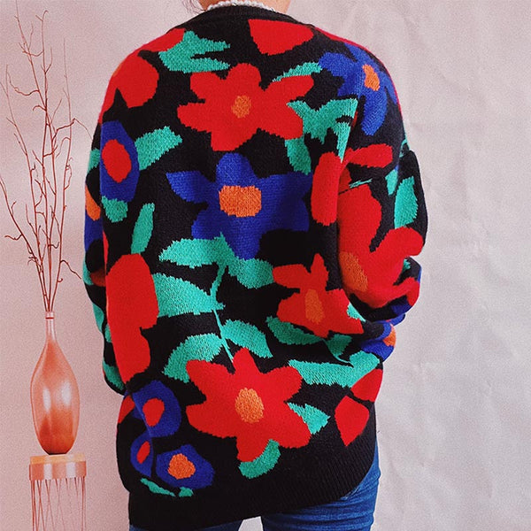 Jacquard flower o-neck long sleeve loose sweaters