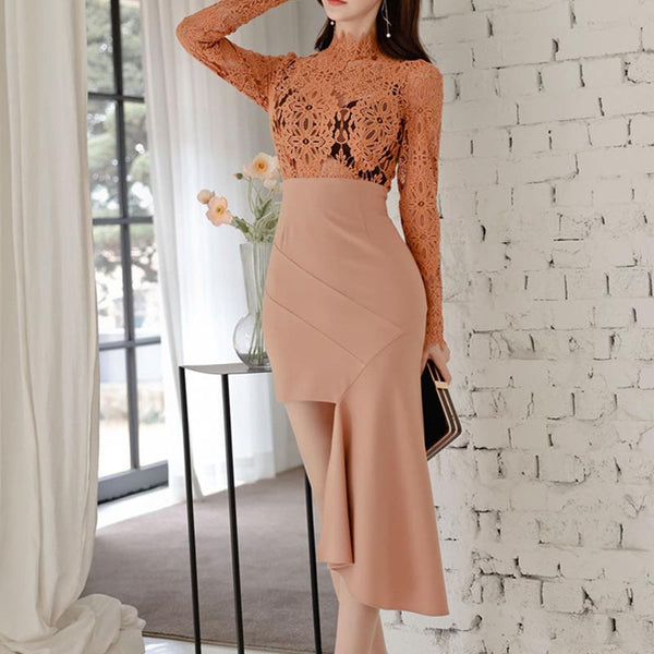 Sexy lace openwork patchwork asymmetric dresses
