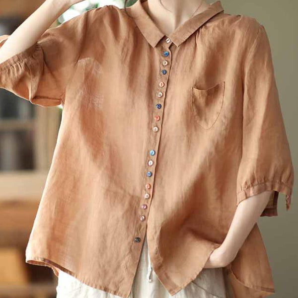 Vintage colorful buttons lapel 3/4 sleeve blouses